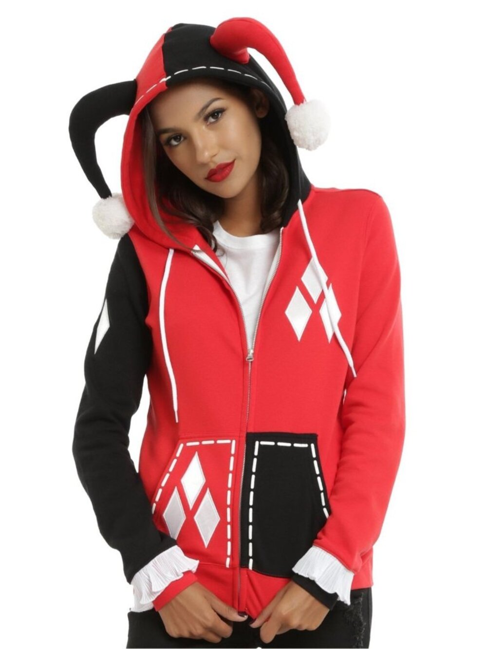 Hot Topic Dc Harley Quinn Zip Up Kangaroo Pockets Red Black Long Sleeve Hoodie M